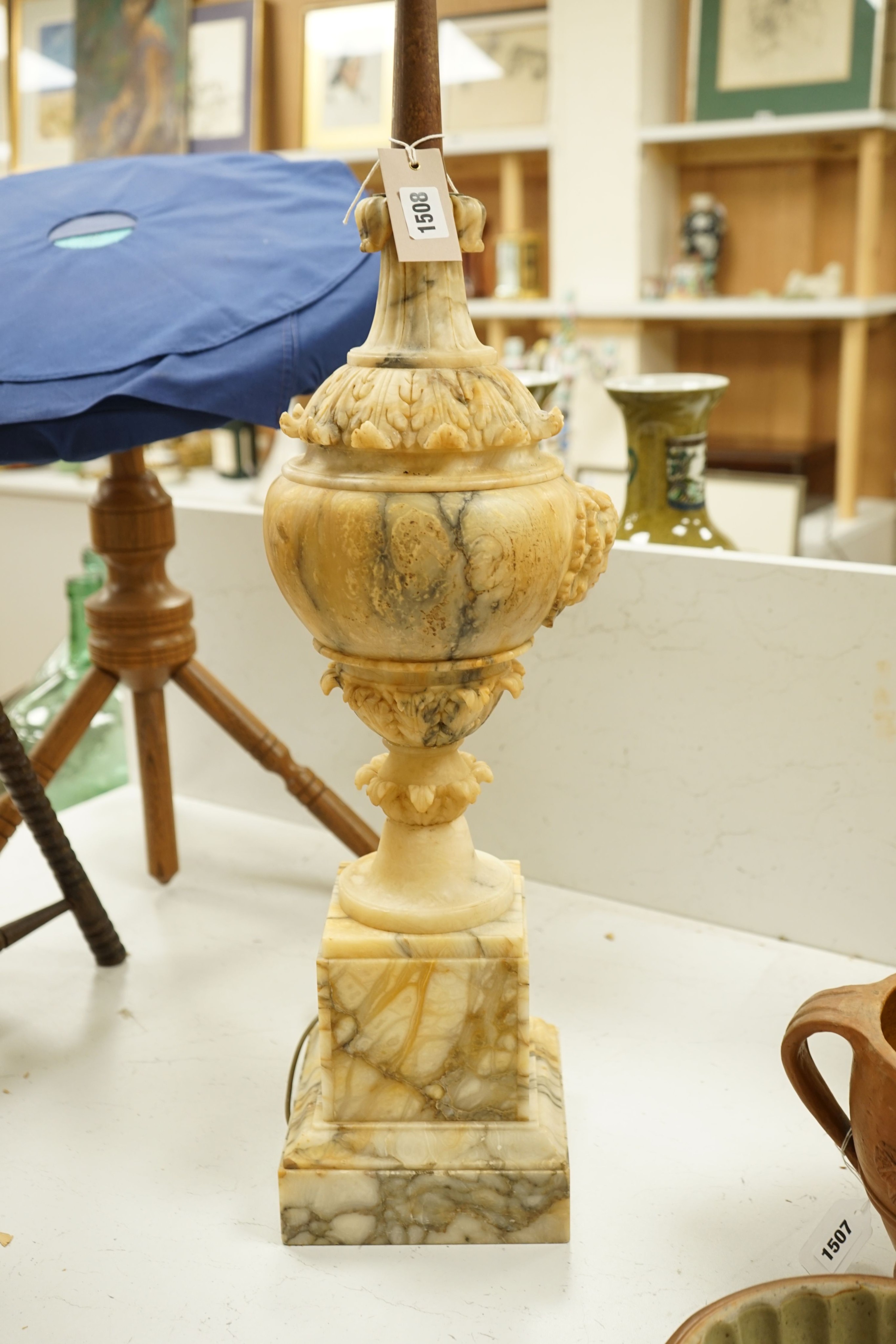 A large Italian alabaster lamp on plinth base - 81.5cm tall